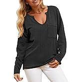 Cicy Bell Womens Tops Oversized Long Sleeve V Neck Shirts Casual Loose Fit Knit Tee Shirt with Pocket