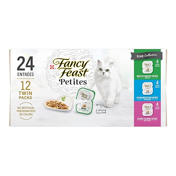 PURINA FANCY FEAST GOURMET WET CAT FOOD VARIETY PACK, PETITES GRAVY COLLECTION, BREAK-APART TUBS, 24 SERVINGS – (PACK OF 12) 2.8 OZ. TUBS