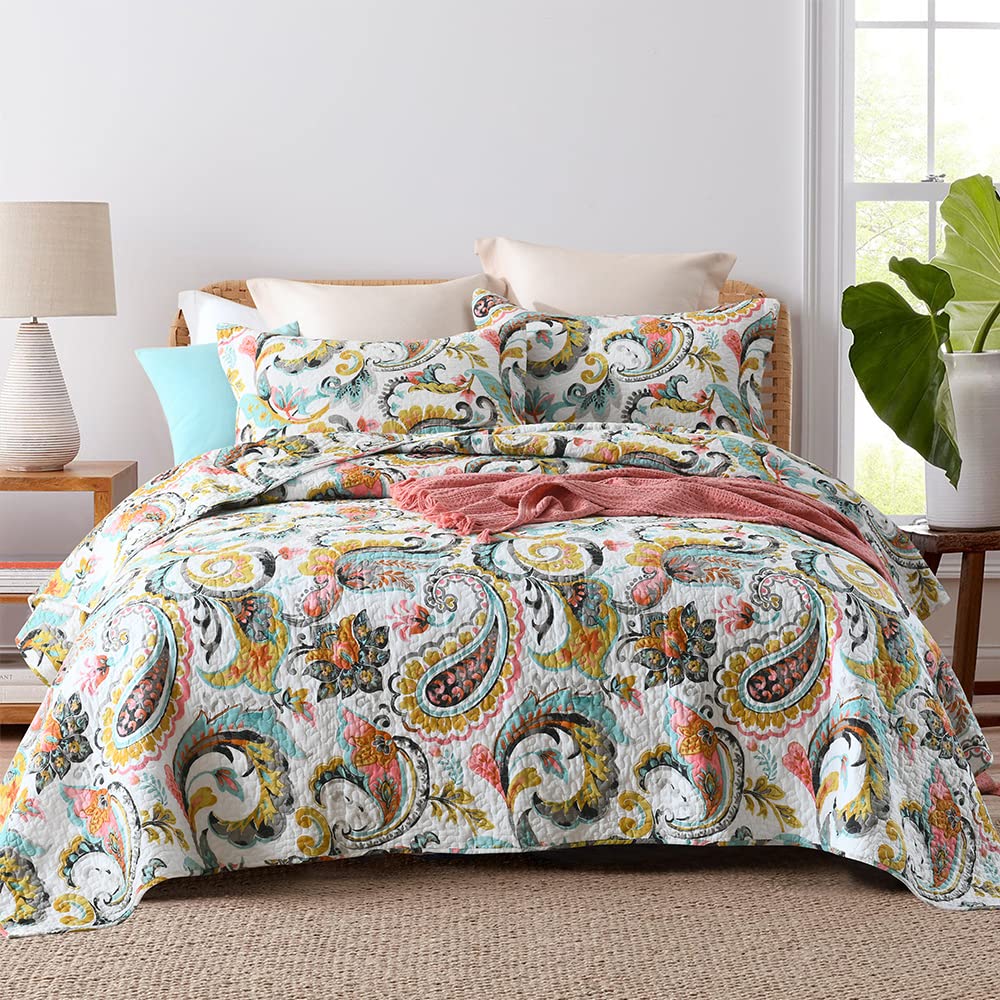 Photo 1 of Autumn Dream Cotton Bedspread Quilt Sets, 3 Pieces Reversible Comforter Coverlet Sets,White Floral Paisley,King Size