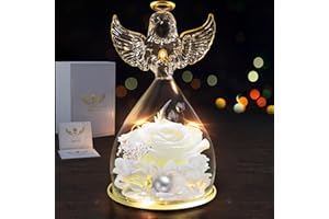 Impouo Angel Gifts for Women, Preserved Rose Flower in Glass Angel Figurines with LED Light, Mother's Day and Christmas Thanksgiving, Valentine's Day, Birthday Gifts for Grandma, Mom, Wife