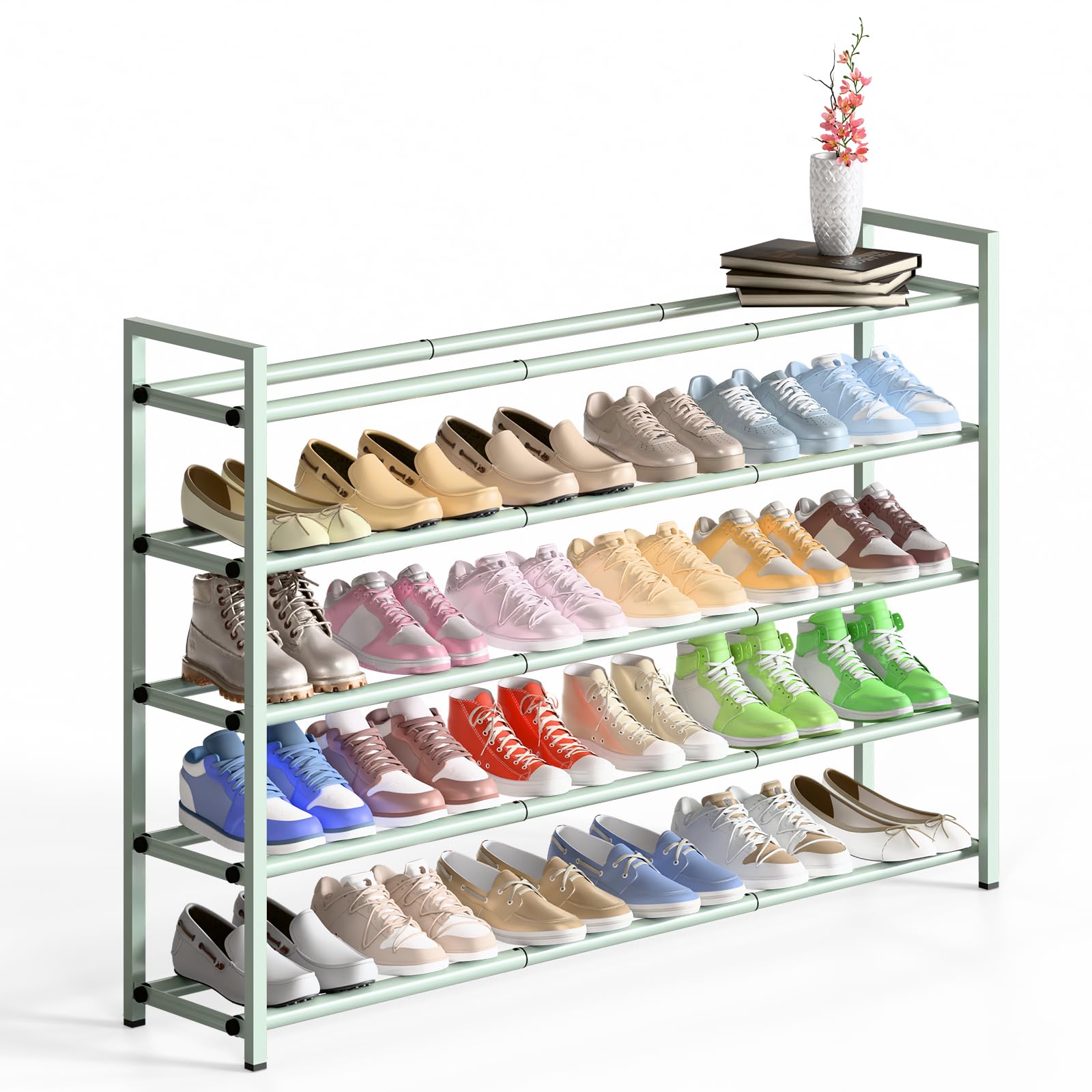 Bumusty 5-Tier Long Expandable Shoe Rack for Closet, 18"-44" Adjustable Shoe Rack for Entryway, 25-30 Pairs Large Shoe Organizer Shelf Storage, Sturdy Metal, Green Image