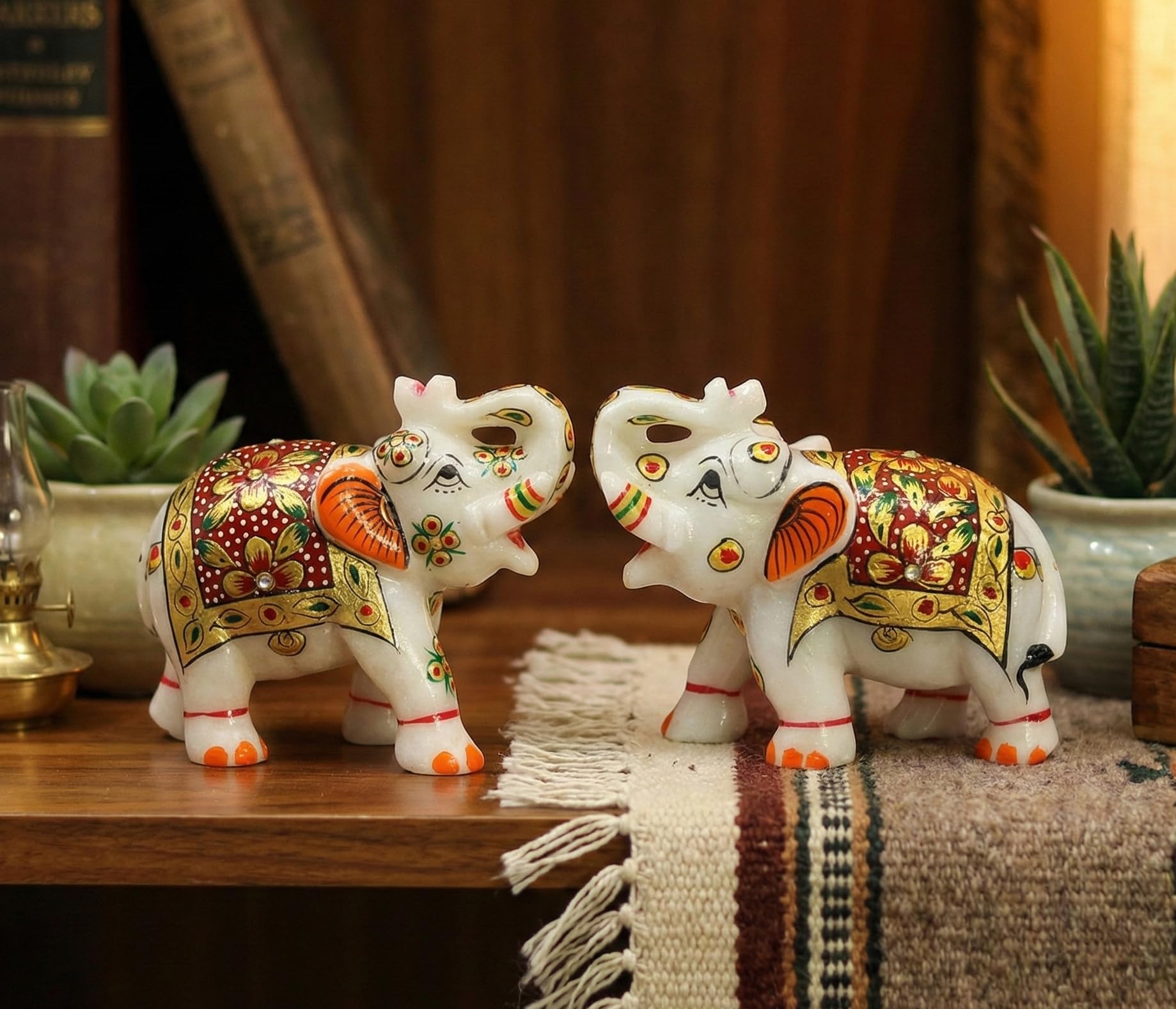 ESPLANADE Marble Elephant Family with Calf Set Sculpture or Showpiece Feng Shui Vastu Brings Goodluck Home Decor (Set of 3) (Multicolor Set Of 2)