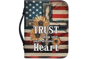 Talayituse Cross Sunflower American Flag Print Bible Cover with Verse Cross Trust in the Lord Bible Covers for Women with Zip