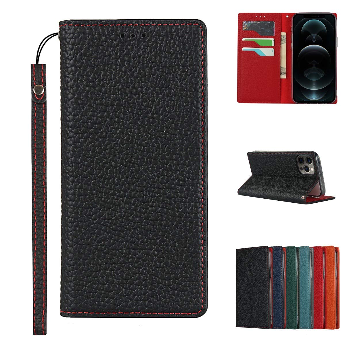 Copmob Case Compatible for iPhone 12/12 Pro With Card Holder With Strap,Genuine Leather Flip Wallet Case,[3 Slots][Magnetic Closure][RFID-Blocking],Phone Case Cover for iPhone 12/12 Pro - Black