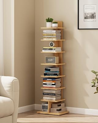 TUTOTAK Narrow Bookshelf, 8-Tier Bookcase, Spine Book Shelf for Small Space, Corner Standing Shelf for Living Room, Office, Study, Entryway, Natural BS06BN008