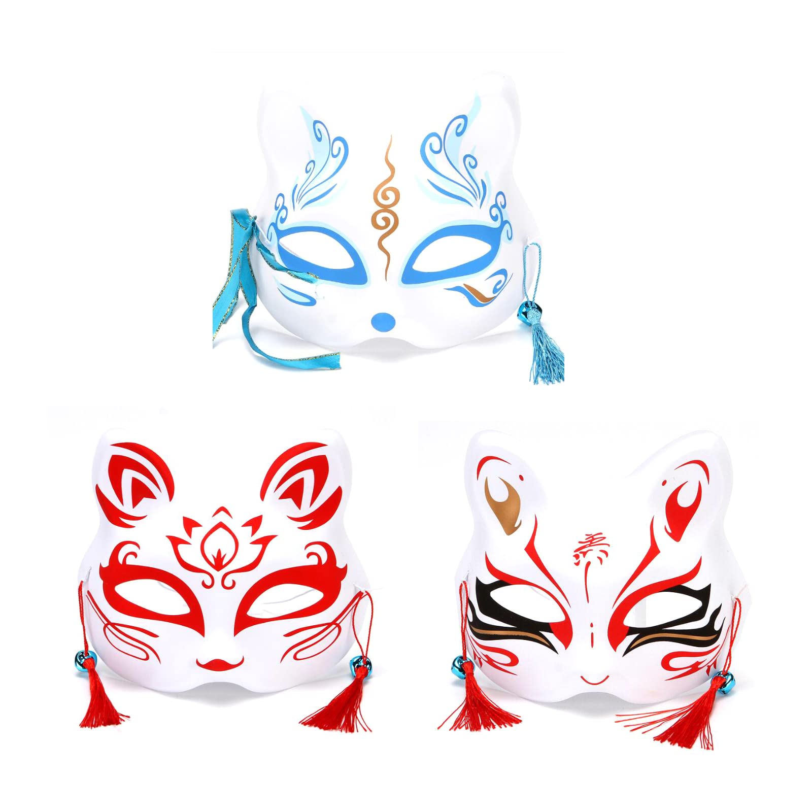 YFFSFDC 3枚セット 狐 お面 和風 きつね 仮面 コスプレ ハロウィン 仮装 小物 鈴付き (2) の商品画像