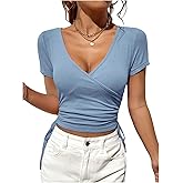 SweatyRocks Women's Ruched Crop Top Drawstring Side Wrap T-Shirt V Neck Short Sleeve T Shirt