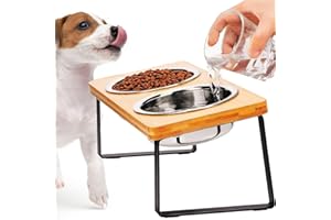 FUNACAY Elevated Dog Bowls - Double 54 oz， Bamboo 15° Tilted Raised Dog Bowl Stand with 2 Stainless Steel Bowls for Small & Medium Dogs, Indoor Dogs and Adult Cats Feeder