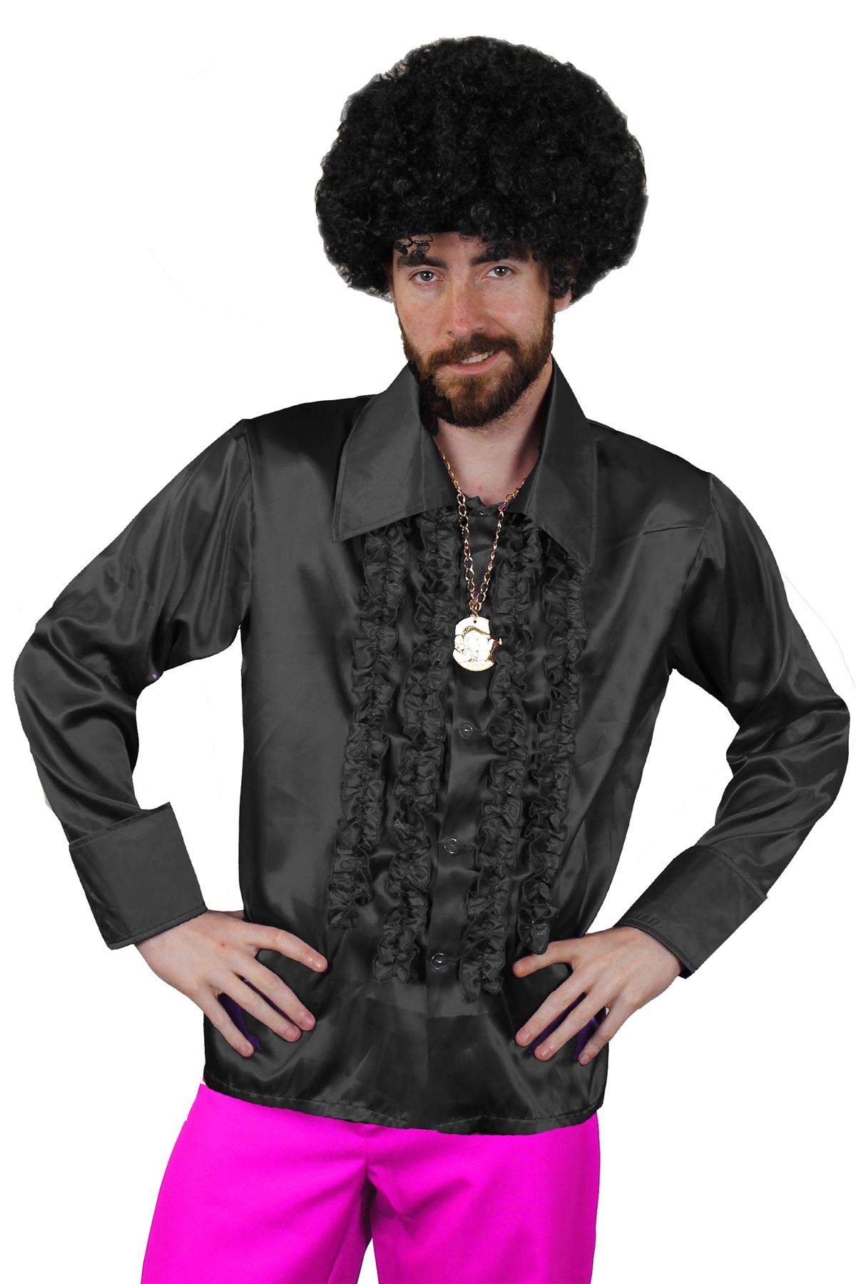 ILOVEFANCYDRESS ILFD4600M Black Men's Deluxe Disco Ruffle Shirt 1970's King Fancy Dress (Medium)