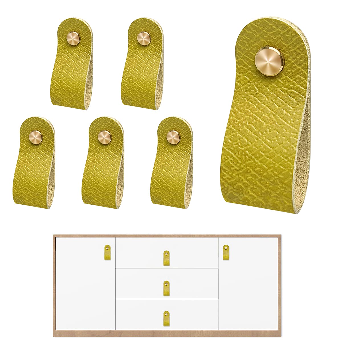 DOXIAL Leather Cabinet Knobs 6PCS - Furniture Door Handles Pulls with Srews, Thicken Soft PU Drawer Pulls for Cupboard Dresser Wardrobe, Anti-Collision Anti-Static, Yellow