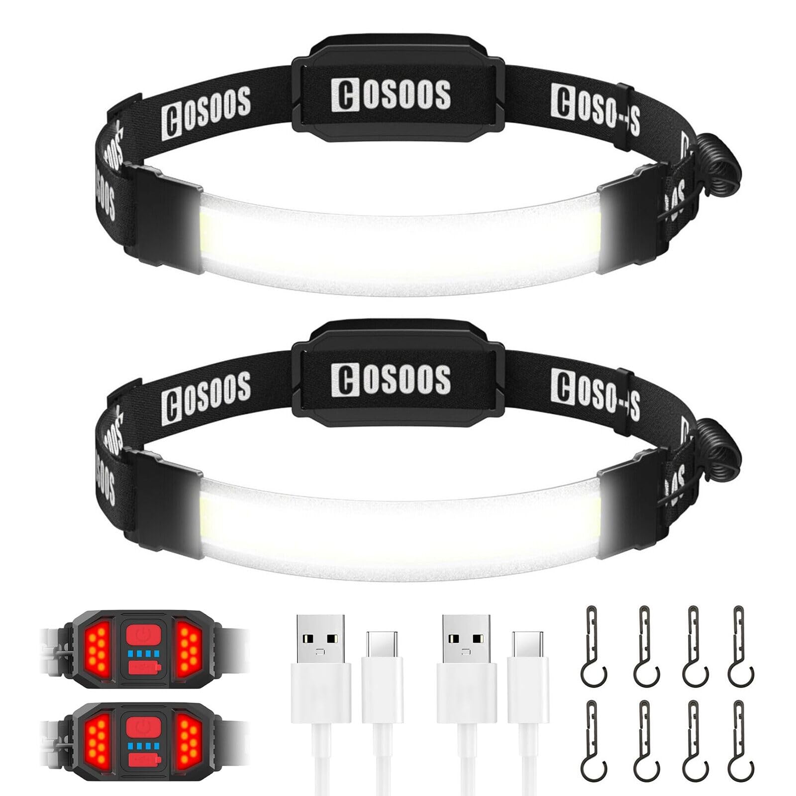 Photo 1 of COSOOS Original 2 Rechargeable Headlamp Flashlight, 210° Bright LED Wide Beam Head Lamp Outdoor, Red Rear Light, 500 Lumen,Lightweight Headband Headlights for Hard Hat, Hiking Camping Essentials