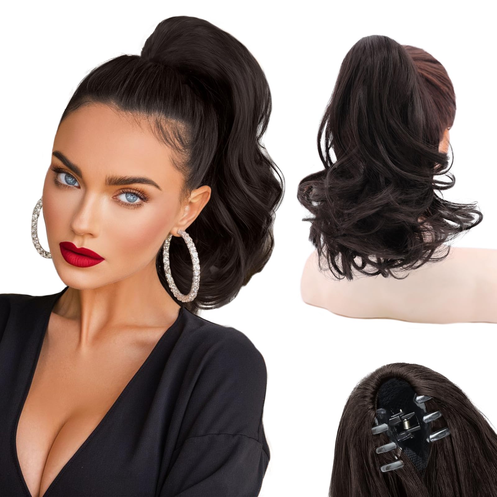 Photo 1 of NAYOO Claw Clip Ponytail Extension Dark Brown 12" Short Wavy Ponytail Clip in Hair Extensions for Women Curly Natural Layered Pony Tails for Short Thin Hair Synthetic Hairpiece(Dark Brown)
