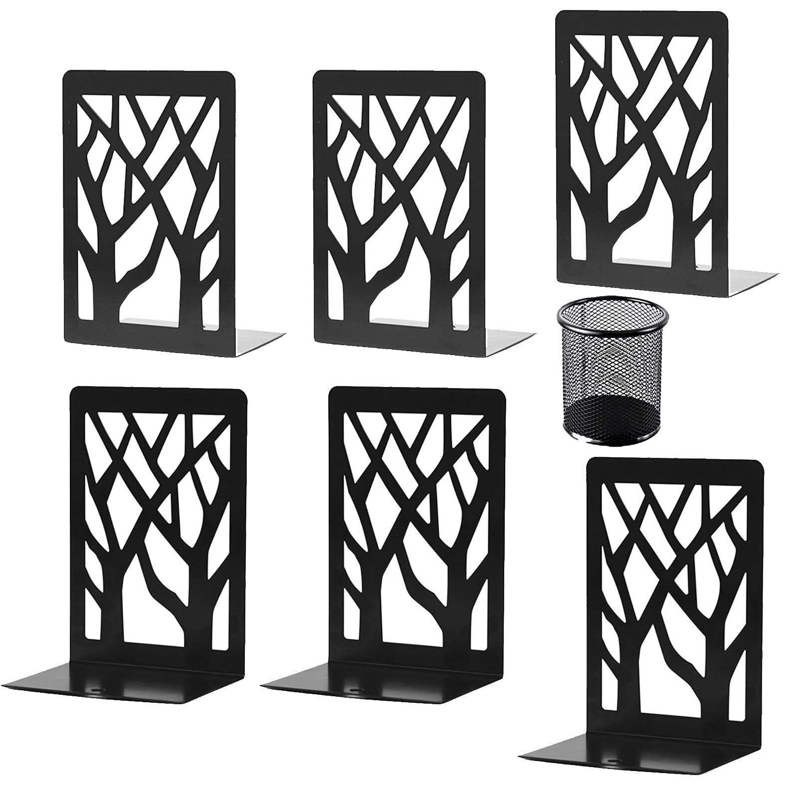 Aileese Book Ends (Black 3 Pair), Heavy Duty Metal Bookends with Unique Tree Design for School, Office, and Gift