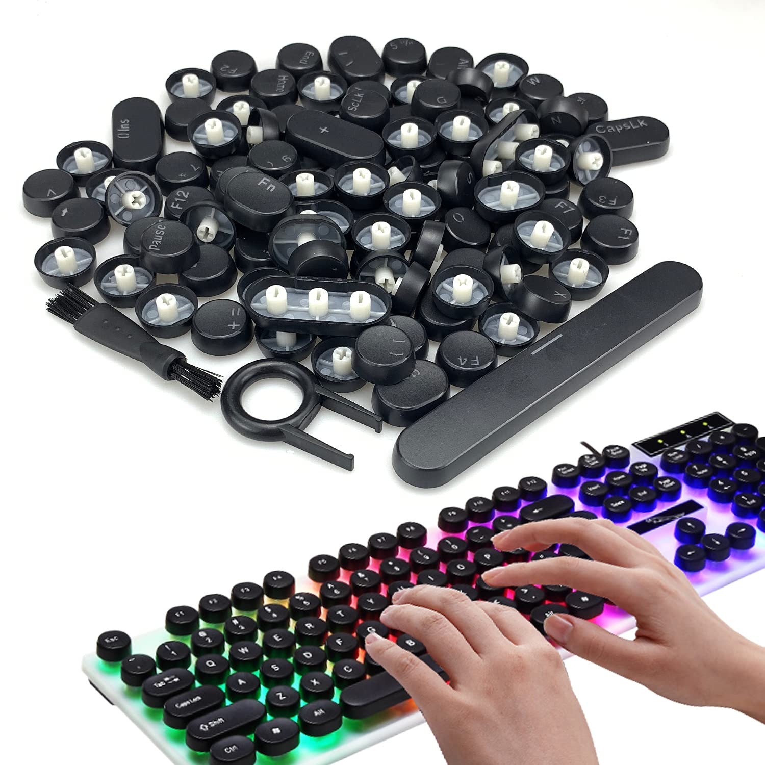 104Pcs Round Punk Keycap Retro Round Keycap, Matte Panel,for Mechanical Gaming Keyboard(Black) with 1Pcs Keyboard Puller Key Cap Removal Tool and 1 Cleaning Brush