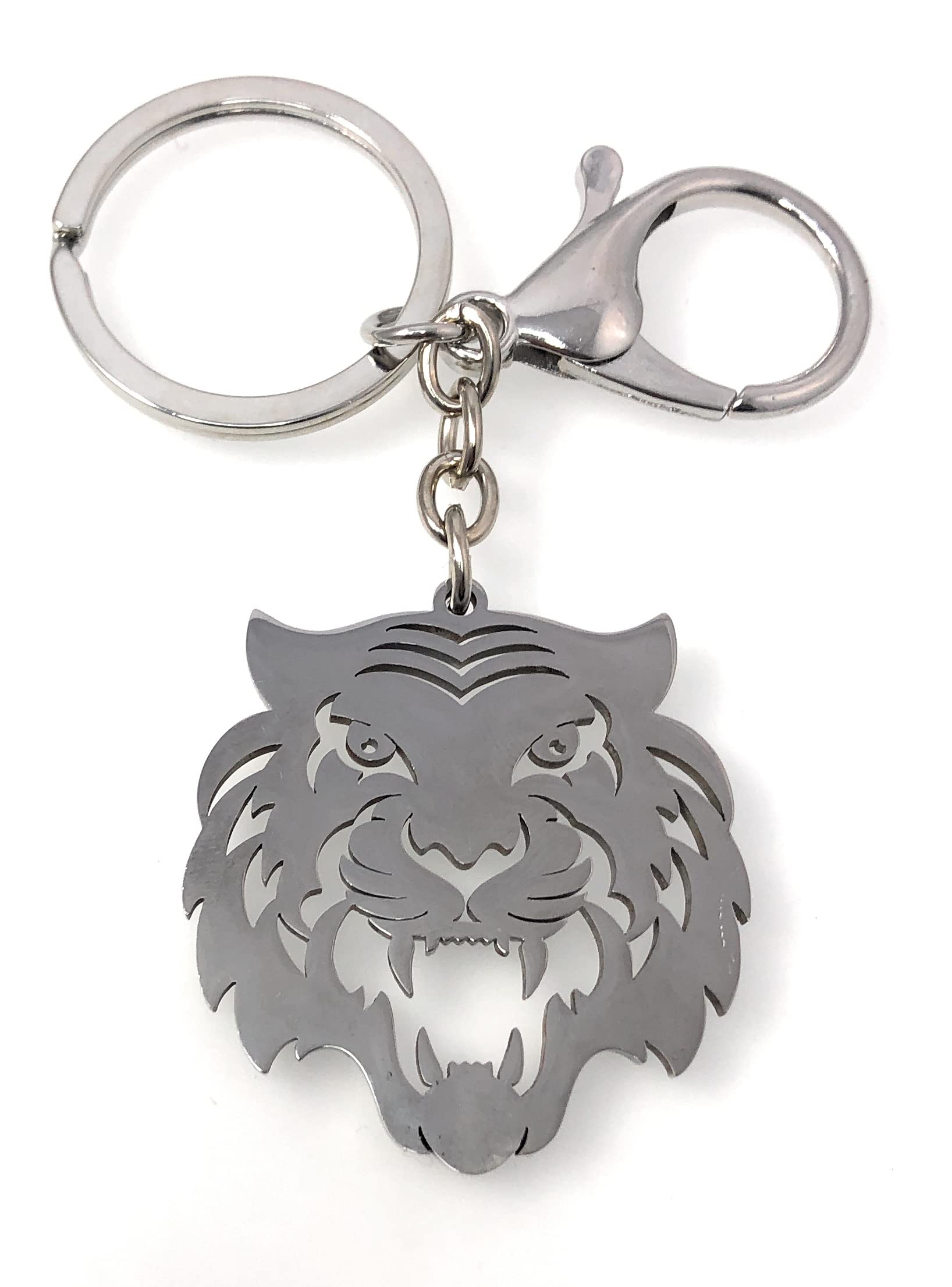FizzyButton Gifts Tiger Silver Tone Keyring Key Ring and Lobster Clasp with Stainless Steel Charm