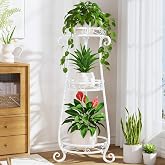 LASZOLA 3 Tiers Metal Corner Plant Flower Stand Tall Indoor Outdoor, White | Heavy Duty Small Holder Shelf for Multiple Plants, Vintage 30 Inch High for Patio Office, Modern Sturdy Vertical Iron Rack