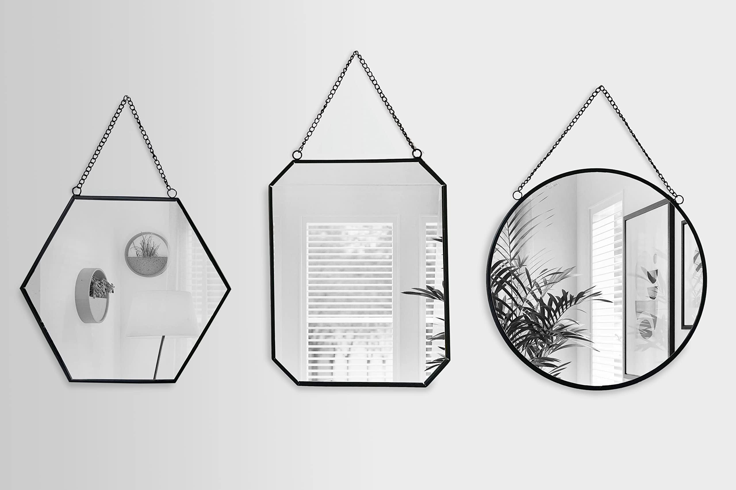 Set of 3 assorted shaped wall mirrors with chain in black, gold or silver. Hexagonal, Round and Rectangular. Perfect for Bedroom, Bathroom, Living Room or Hallway. Vintage / Contemporary (black)