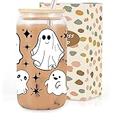 Sereficy Halloween Cups, 16 oz Cute Ghost Cup, Iced Coffee Tumbler with Lid and Straw, Glass Halloween Mugs, Spooky Gifts for Women Girls