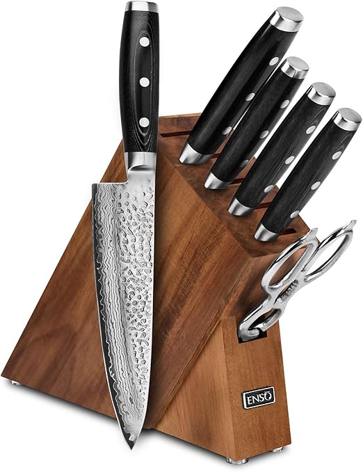 Amazon Com Enso Knife Set Made In Japan Hd Series Vg10 Hammered Damascus Japanese Stainless Steel With Slim Acacia Knife Block 7 Piece Kitchen Dining