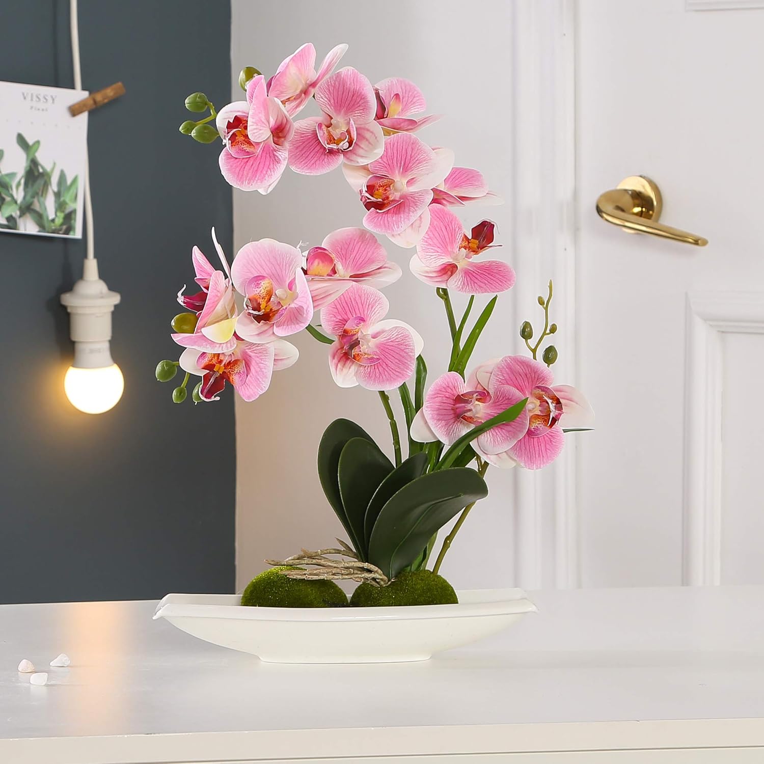 Orchidea bianca in vaso d'argento, decorazione artificiale di orchidee finte, centrotavola in seta, orchidea artificiale, decorazione per la casa