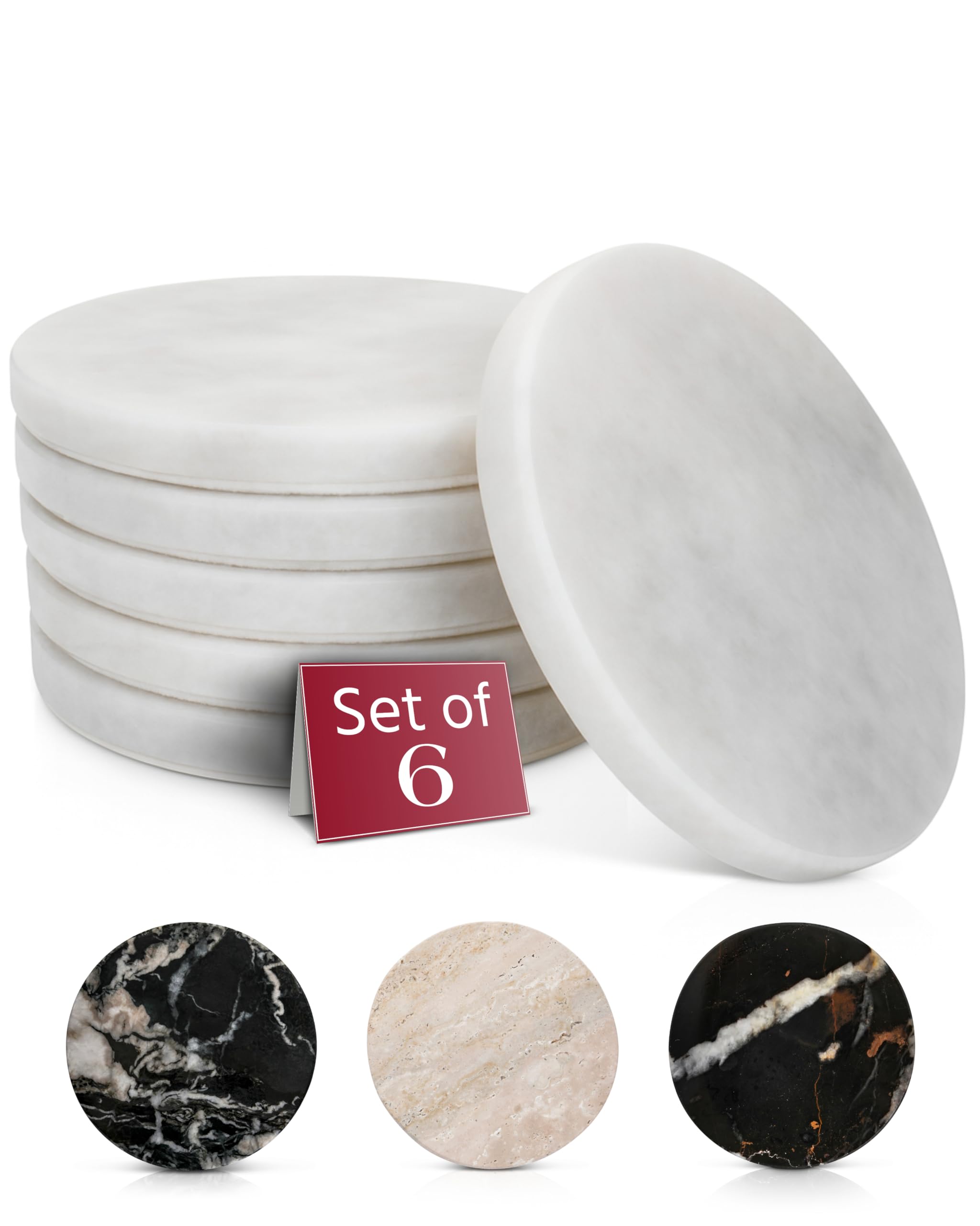 Photo 1 of Gusto Nostro White Marble Coasters Set of 6 with Non-Slip Backing - Luxury Natural Stone Coasters for Drinks - Genuine Marble Kitchen Accessories, Round Stone Coaster for Kitchen Counter, Coffee Table