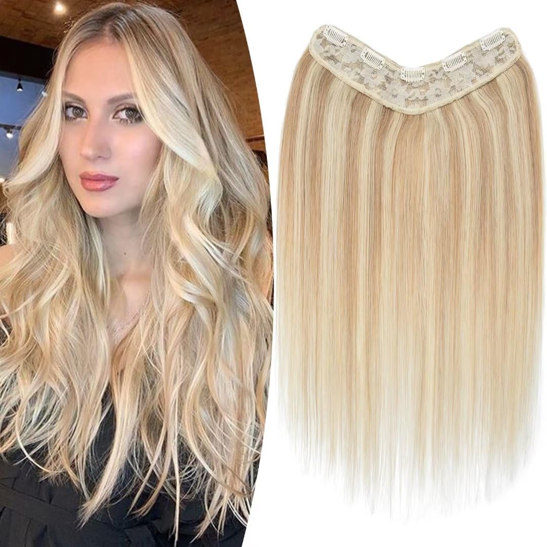 TESS Clip In Hair Extension Blonde,Hair Extensions Real Human Hair One Peice U-Shaped Balayage Straight Hairpieces for Women/Ladies/Girls(#18/613 Ash Blonde & Bleach Blonde,18Inch) — image 1