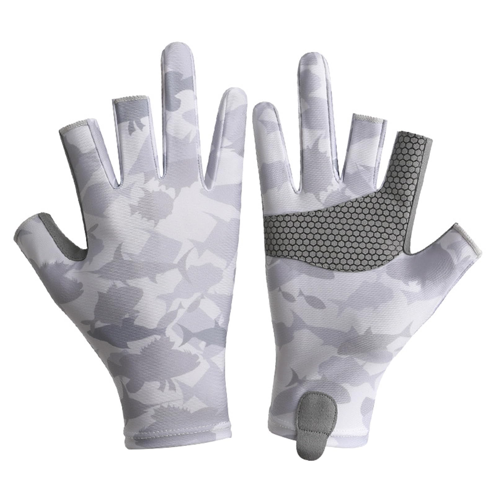 JIAHG Mens Camo Ice Silk Fishing Gloves 3 Finger Cut Anti-Slip Kayaking Sea Fishing Gloves UPF 50+ Sun UV Protection Fingerless Glove for Paddling, Rowing, Canoeing, Hunting