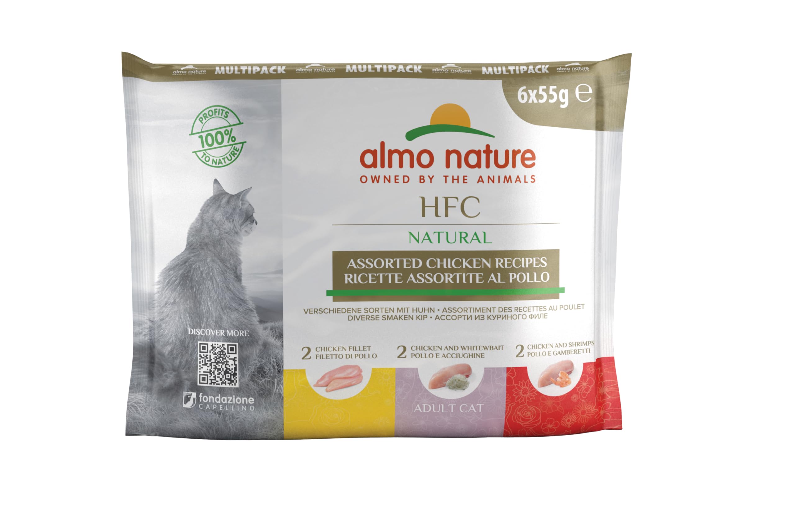 almo nature HFC Natural Human-Grade Wet Cat Food – Assorted Chicken Recipes – 6x55g Pouches (2 Fillet, 2 with Whitebait, 2 with Shrimps)