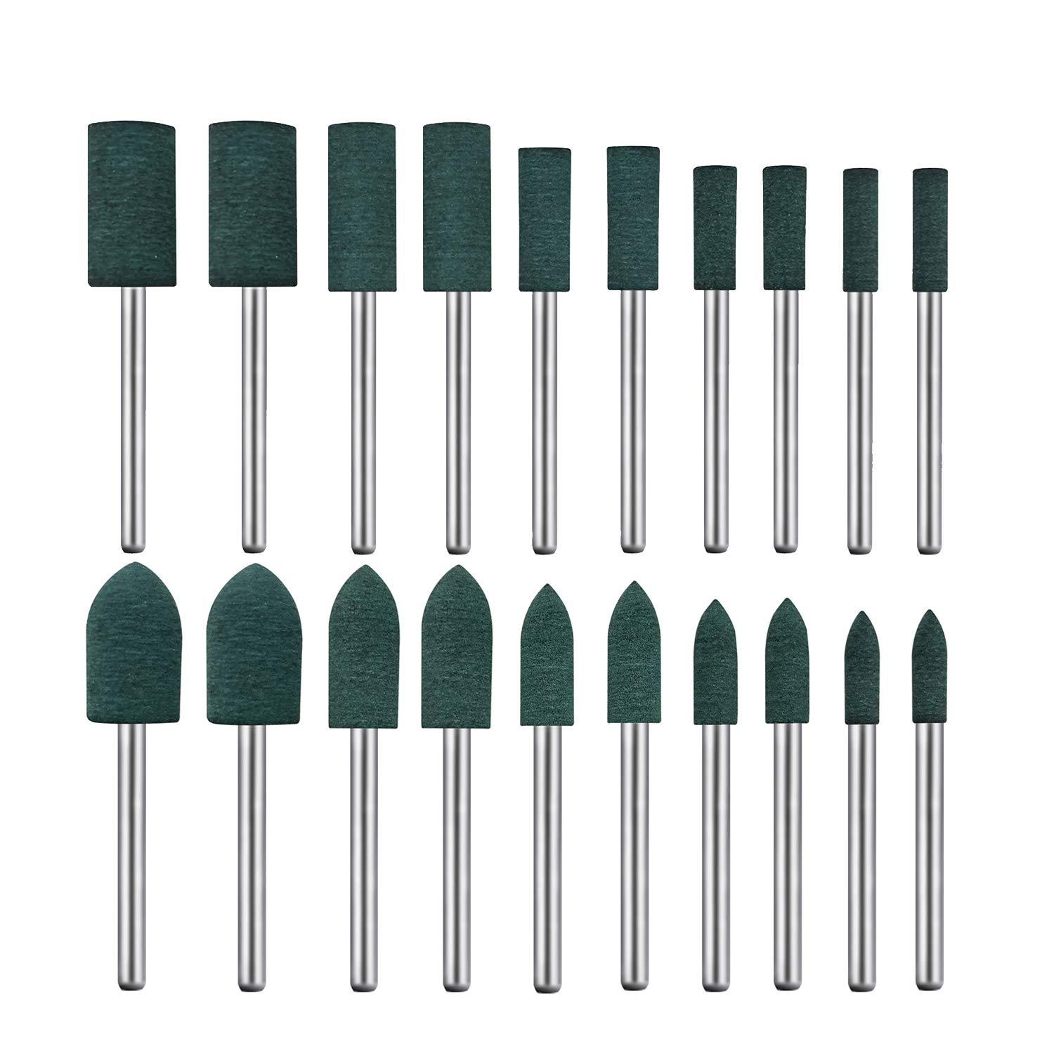 DQZSY Rubber Polishing Burrs Bits Bullet Cylinder Shape Mounted Point Polishing Bits, Electric Drill, Rotary Tool Accessories, 3 mm Mandrel, 20 Pieces (Green)