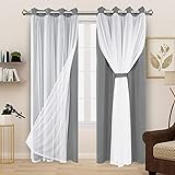 BONZER White Sheer Tulle Overlay Blackout Curtains Grommet Top Mix and Match Curtains for Living Room, Cloud Grey, 52x84 Inch