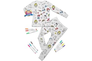 Craftikit® Kids Coloring Pajamas with Markers - Soft Bamboo Viscose 2-Piece Unisex PJs Set, Snug Fit Color Your Own Pajamas