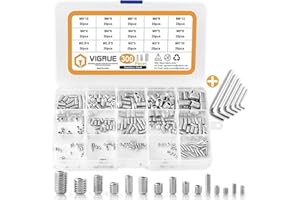 VIGRUE 300Pcs Set Screw Assorted M2.5/M3/M4/M5/M6/M8 Hex Allen Head Socket Grub Screw Assortment Kit with Internal Hex Drive, 304 Stainless Steel (Metric)