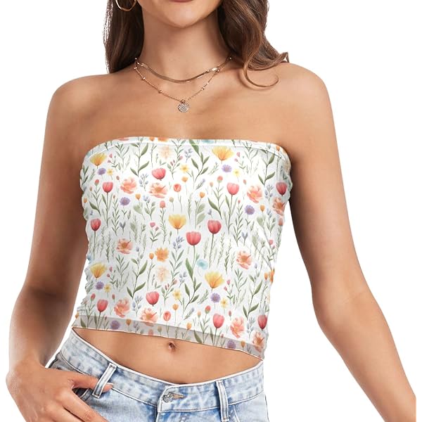 BEAUDRM Women's Y2K Floral Tube Top - Strapless Cropped Bandeau With Asymmetrical Drawstring