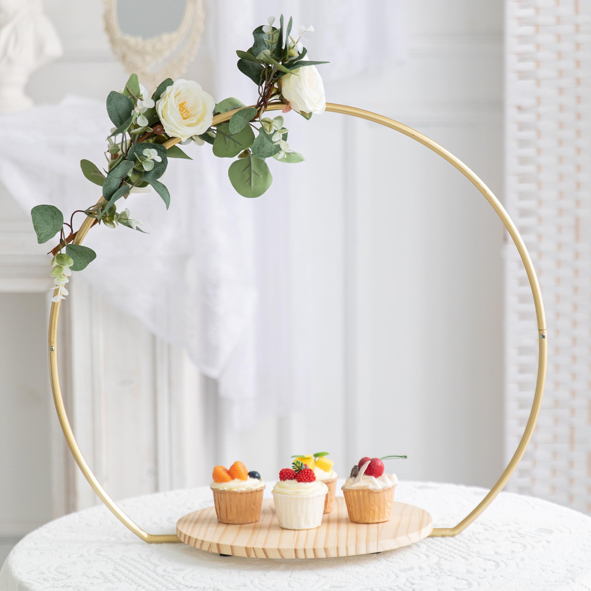 Photo 1 of GENMOUS Wedding Cake Stand with Wood Stand Base, Gold 20" Round Arch Cake Stand Set, Metal Floral Hoop Centerpiece for Table, Large Cake Display Stand for Party, Events, Birthday Reception