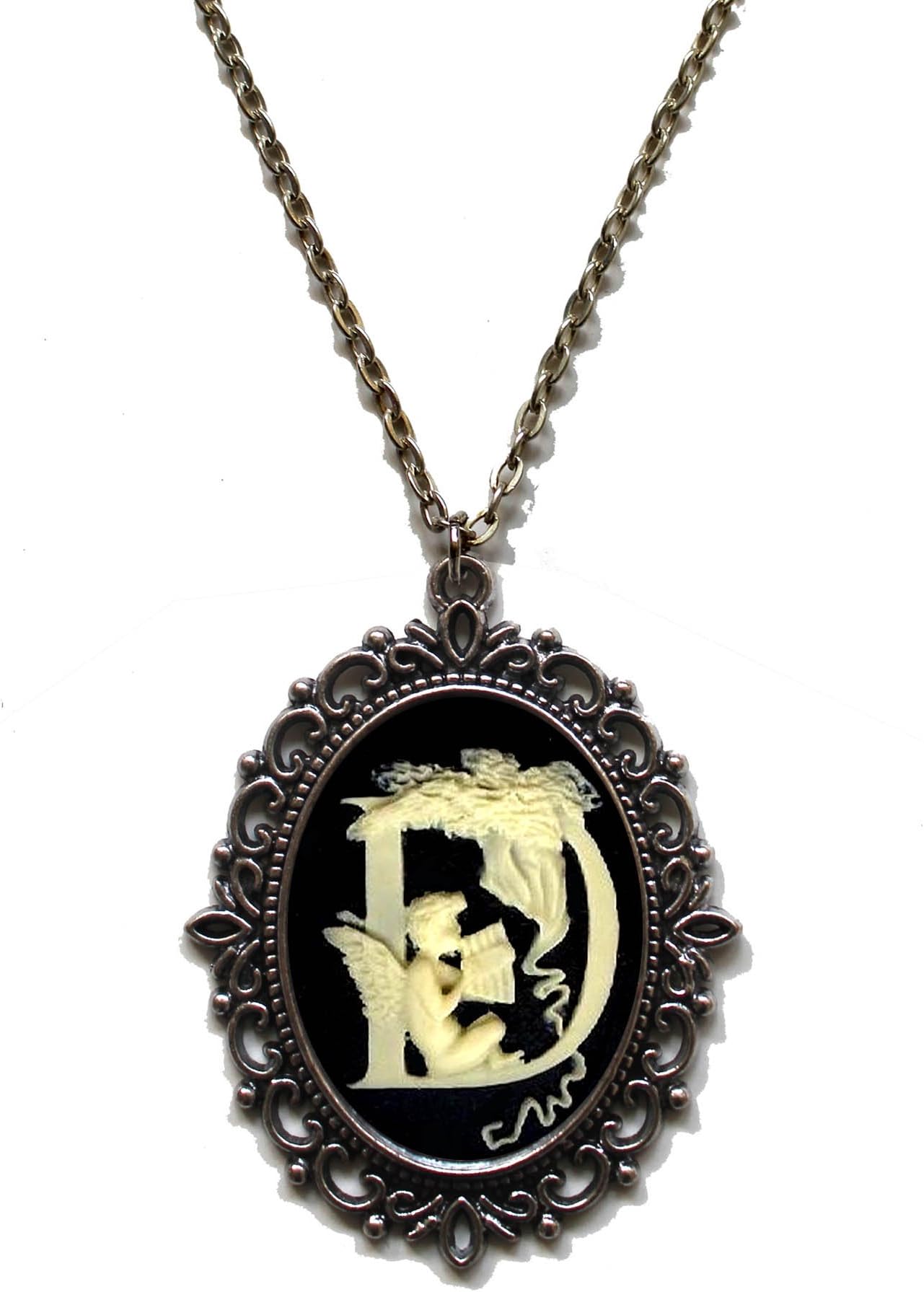 Victorian Vault Letter Initial Alphabet Black & Ivory Cameo Pendant on Chain