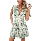 CUPSHE Women's Romper V Neck Printed Floral Sleeveless High Waist Jumpsuit Casual Vacation