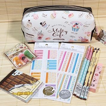Amazon Co Jp 可愛い文具セット メルティカフェ シール ペンケース 鉛筆 ミニメモなど 10点 s 10 ツインファスナー筆箱 スケジュールシール Office Products
