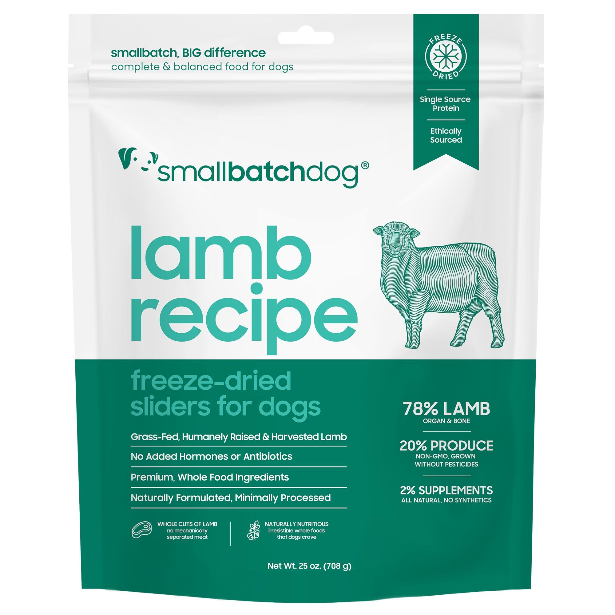 smallbatch Pets Freeze Dried Raw Dog Food, Lamb Recipe, 25 oz, Organic High Protein Dog Food, Grain Free, Made in The USA, Humanely Raised Meat, Single Protein, for Picky Eaters, Hydrate & Serve Image