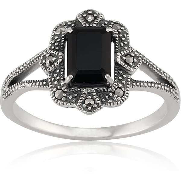 Art Deco Sterling Silver Ring - 0.85ct Orange Carnelian & Marcasite, Size 7x5mm Octagon Stone