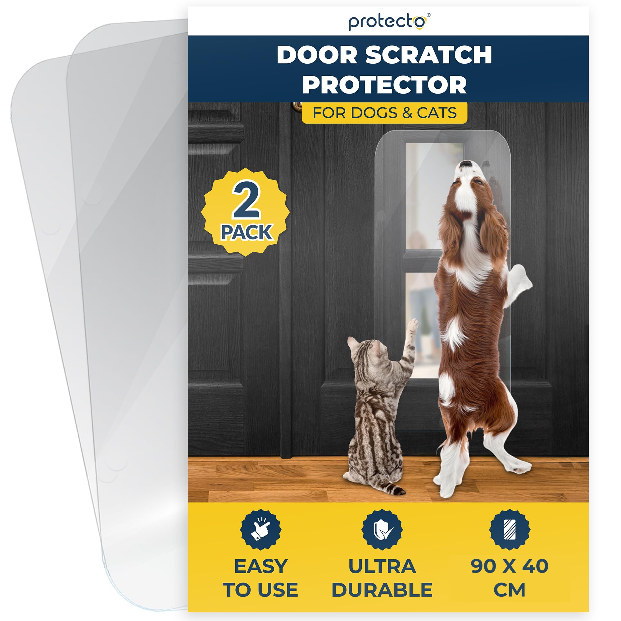 PROTECTO 2-Pack Ultra Durable Door Protector for Dogs – 90x40 cm Clear Cat Scratch Protector | Easy to Install Anti Scratch Door Guard for Dogs and Cats - Protection for Furniture, Walls and Windows