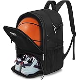 ELVINAM Large Sports Backpack with Ball Holder and Shoe Compartment - Water Resistant Gym Bag for Basketball, Soccer, Football, Volleyball (Black)