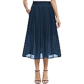 EXCHIC Women's Casual Chiffon Elastic Waist A-Line Pleated Midi Skirt with Pockets