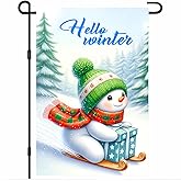 BlissYard Winter Holiday Garden Flag 12x18 Inch Welcome Hello Winter Outdoor Flag Double Sided Seasonal Yard Banner with Snowman Hat Sled and Pine Forest for Porch Lawn Patio