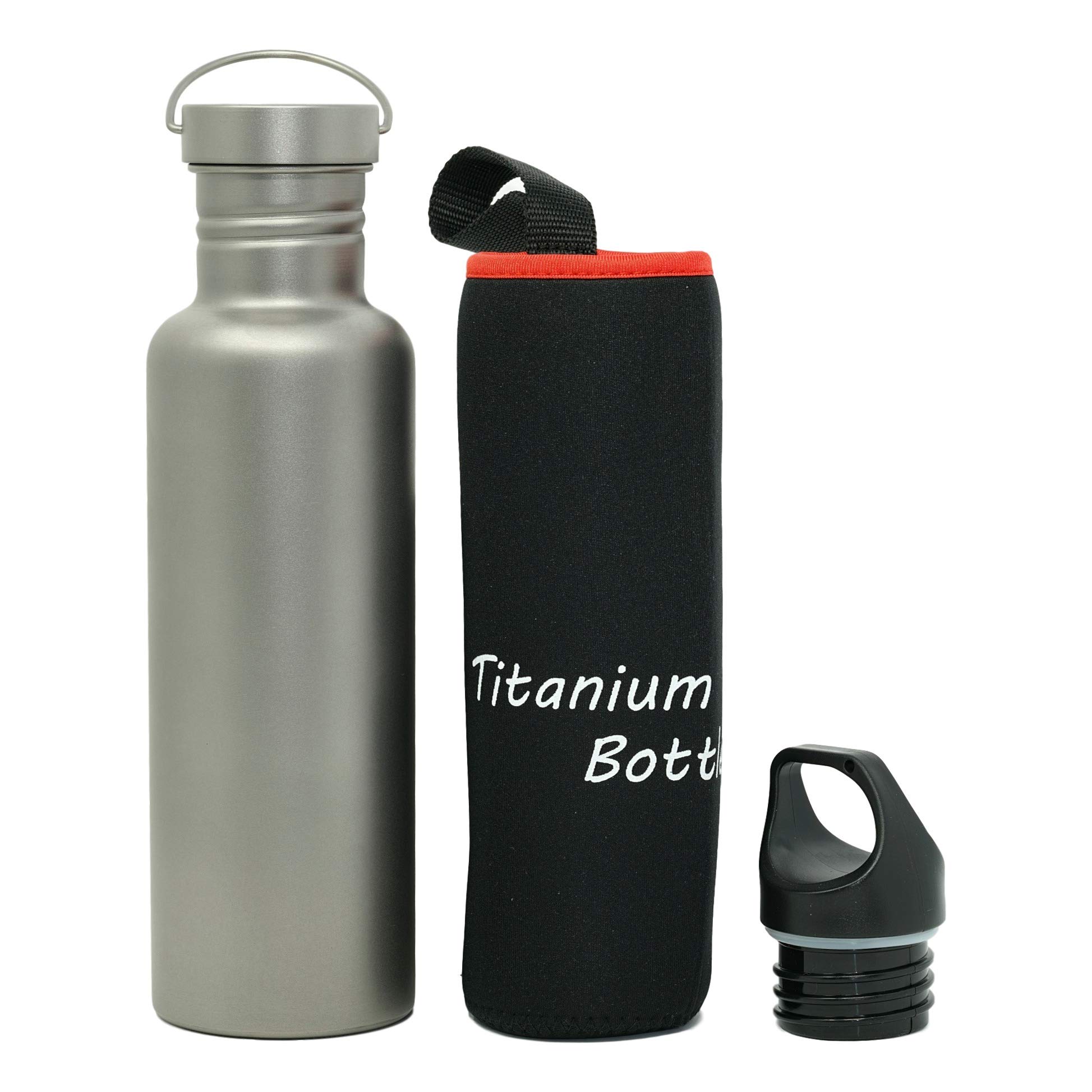 Valtcan Titanium Bottle Canteen Water Sports Drink Holder Canister 750ml 24oz with Ti Cap and BPA free Cap Handle and Carrying Stuff Sack