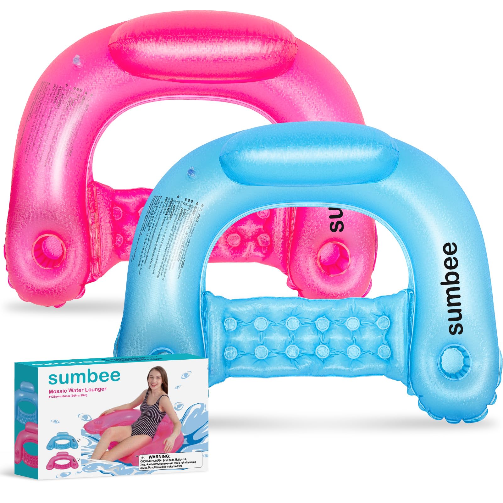 Photo 1 of Sumbee Pool Floats Inflatable Floating Chair Water Chair Adult Size Clear, Sit N U Seat Pool Float with Cup Holders and Backrest, Raft Lounge Water Hammock for Swimming Beach,2 Packs Pink Blue