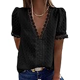 Dokotoo Boho Tops for Women Lace Crochet V Neck Swiss Dot Tunic Tops Dressy Casual Pom Pom Short Sleeve Blouses Shirts