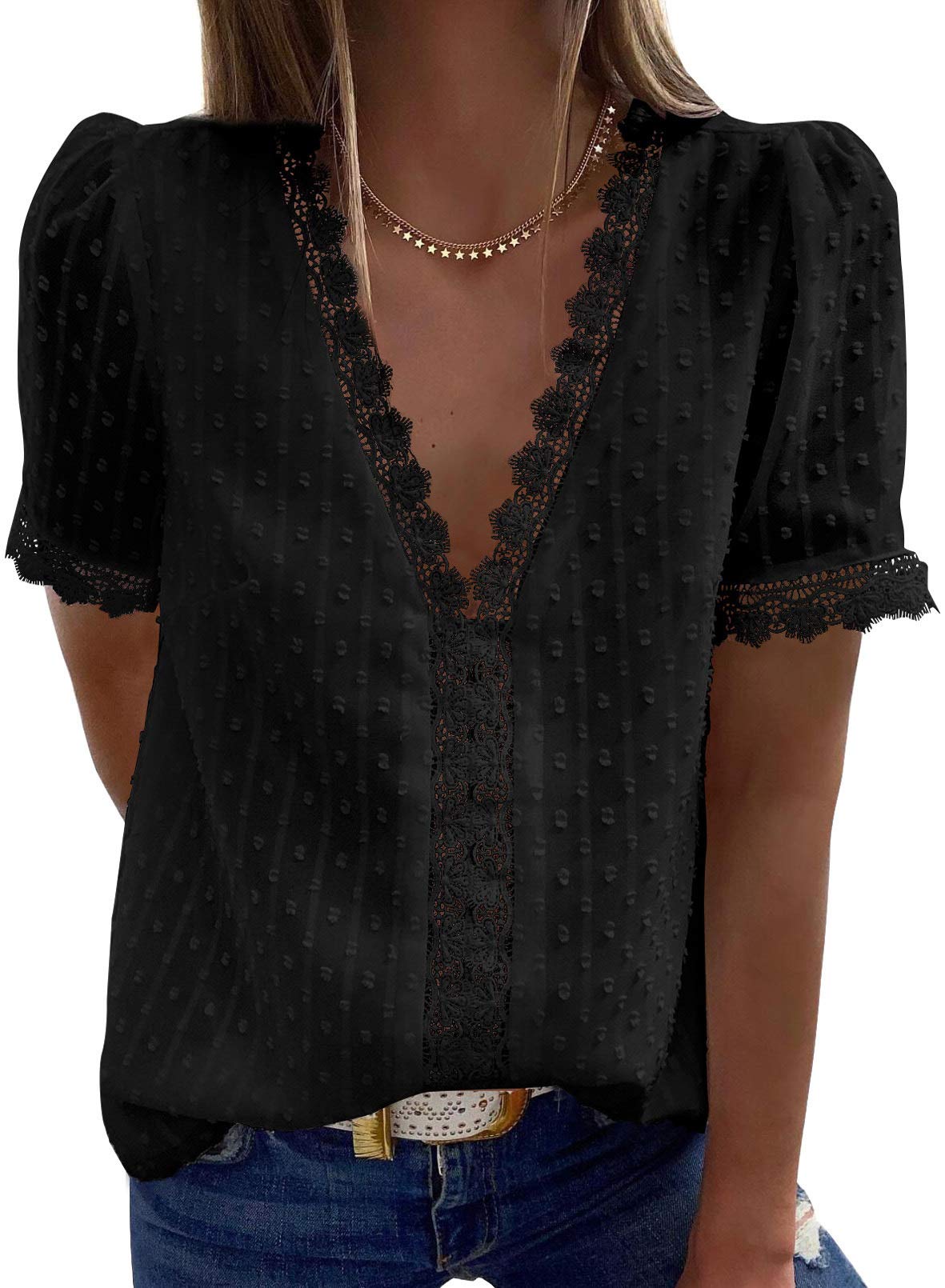 MANSY Women's Casual V-Neck Chiffon Blouse - Summer Short Sleeve Loose Top With Pom Pom Detail, Grey, Small - View #8
