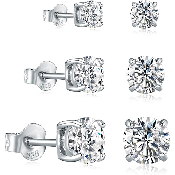 14K White Gold Plated Cubic Zirconia Stud Earrings - Hypoallergenic Pack Of 4 Pairs, 3/4/5/6mm - View #4