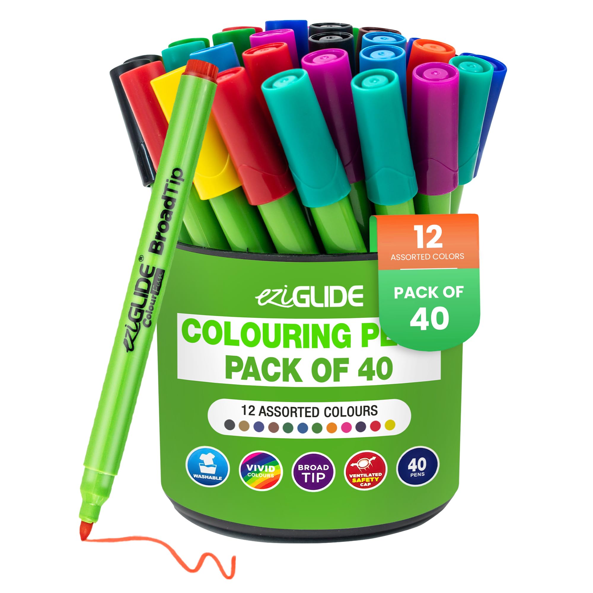 Eziglide Colouring Pens – Pack of 40 Broad Felt Tip Pens for Adults & Kids, Bright Adult Colouring Books Markers, Smooth Fibre Nib Art & Drawing No Bleed Markers