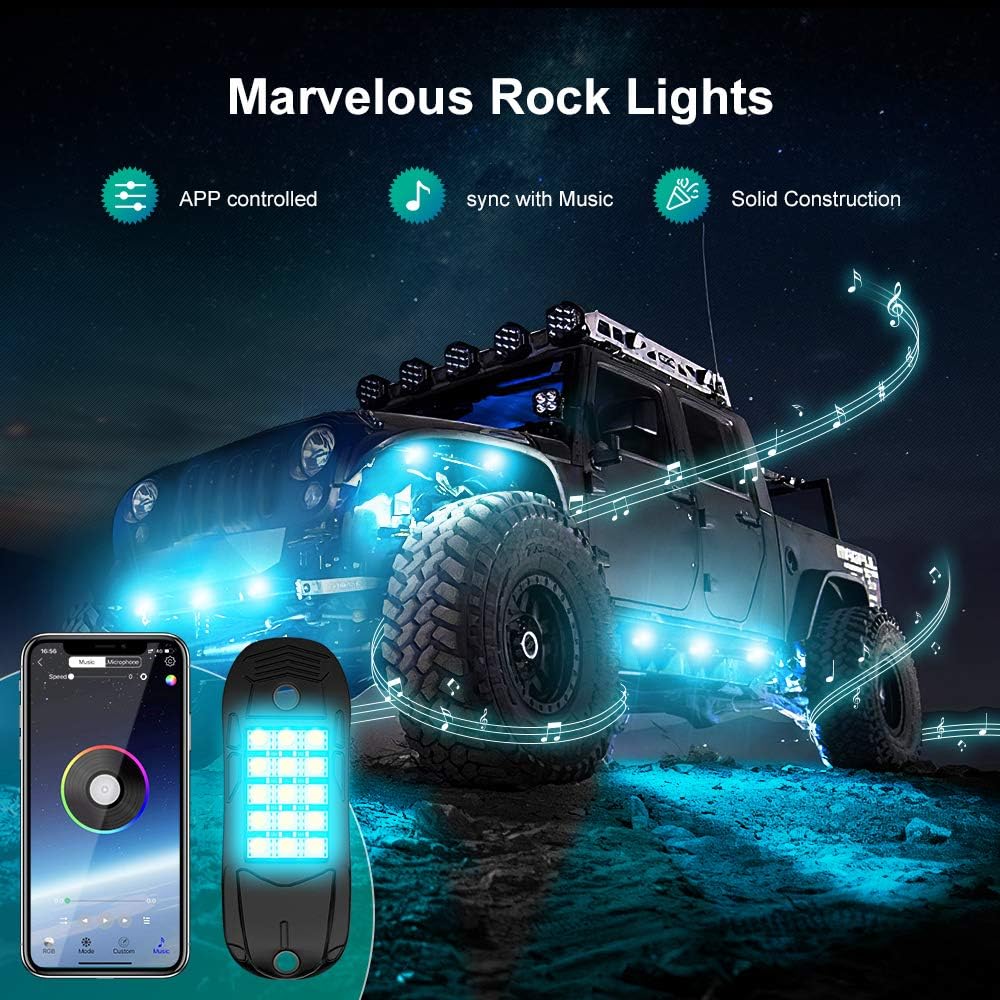 Ustellar RGB LED Rock Lights 8 Pods APP Remote Timing Music Mode Multicolor Neon LED Light Kit Waterproof AUTO Wheel Exterior Underglow Lighting for Chevy Jeep Under Car Truck RZR ATV UTV SUV Off road: Automotive